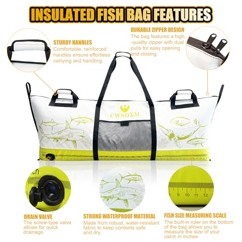 Insulated Fish Cooler Bag, 60'' Waterproof Leakproof Fishing Kill Bag with Drain Valve, Zipper and Heavy Duty PVC Marine Cooler for Boat Kayak Offshore Fishing, Keeps Fish Fresh Up to 48H - color: Green+White