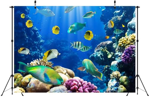 BELECO Fabric 5x4ft Underwater World Backdrop Under The Sea Tropical Fish Coral Reef Blue Deep Sea Aquarium Background Undersea Party Decorations Banner Birthday Photoshoot Studio Props