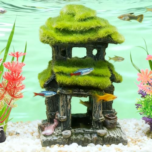 Hoypeyfiy Aquarium Decor Fish House with Simulated Moss, Double Layer Fish Hideout Ornament for Tropical Fish Tanks, Realistic Aquarium Cave Decoration Includes 2 Artificial Plants