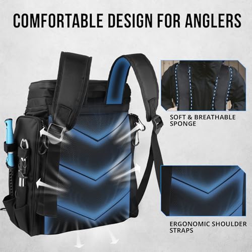 PLUSINNO Fishing Tackle Backpack with Rod Holders，42L Water-resistant Fishing Bag Store Fishing Gear,Fishing Gifts For Men. - color: Black With Box