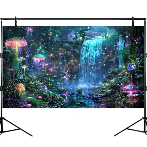 Jungle Waterfall Aquarium Background Enchanted Bloom Mushrooms Fish Tank Background Dancing Creatures Sparkling Fantasy Forest Reptile Tank Backgrounds Mystery Forests Terrarium Backgrounds 24x12in - color: Pink_Green, size: 24(W)x12(H)inches/ 60(W)*30cm(