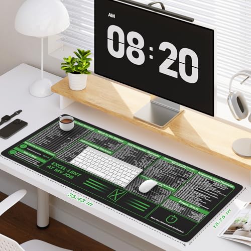 iCasso Excel Cheat Sheet Desk Pad, Excel Mouse Pad Shortcuts, Excell Short Cut Desk Mat, Extended Large XXL Non-Slip Exel Mousepad with Stitched Edges for Computer Keyboard - color: B-black Excel Shortcuts