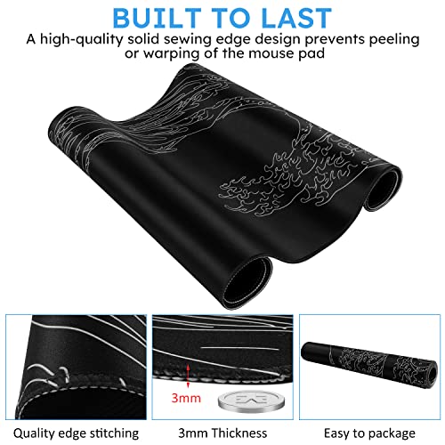 iCasso Mousepad, Gaming Mouse Pad, XXL Large Desk Mat, Big Rubber Base Mouse Mat with Stitched Edges, Computer Keyboard Desk Pad for Work, Game, Office, Home - Black Wave of Kanagawa - color: Black Wave of Kanagawa