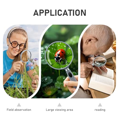 Feosky Handheld Reading Magnifier, 10X Magnifier, 75mm Shatterproof Lens, Non-Slip Handle for Adults Close Work, Seniors Reading and Nature Exploration, Hobby Observation(Grey) - color: Gray, size: 75mm