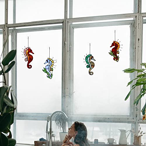Seahorse Decor Stained Glass Window Hanging,Sea Nautical Gift Suncatcher Hanging Ocean Theme Decor for Living Room,Bathroom,Kitchen,Birthday Gifts for Mom,Women - color: P