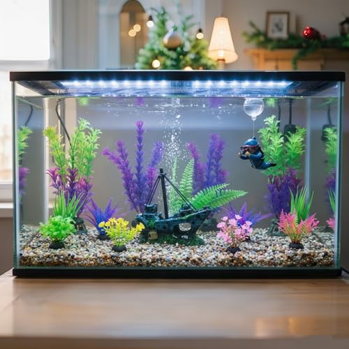 Fish Tank Decor Set with Shipwreck Decoration, Little Diver Floating & 13 Aquatic Artificial Plants - Betta Plants & Hiding Spots for Aquariums and Small Fish Tank Accessories