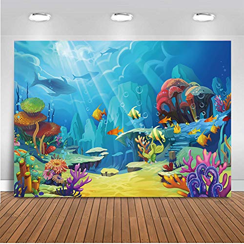 CHAIYA Under The Sea Backdrop Ocean Little Mermaid Backdrop Background for Under The Sea Theme Baby Shower Photo Booth Banner Party Cake Table Decoration 8x6ft - size: 8′x6′
