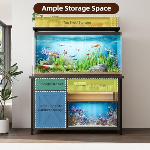 4ever2buy 55-75 Gallon Fish Tank Stand with Power Outlet, Led Light, Heavy Duty Aquarium Stand with Cabinet for Fish Tank Accessories Storage, Shelf, for Turtle Tank, Reptile Terrarium, 1100 LBS, Gray