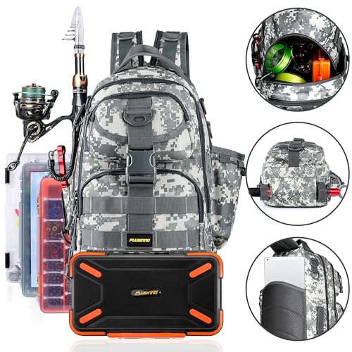 PLUSINNO Fishing Backpack Tackle Bag, Water-Resistant Backpack with Rod Holder, Ideal Gifts for Men - color: Acu Backpack With 4 Boxes