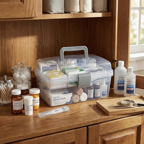 MyGift 10.2 Inch Transparent Plastic Empty Multipurpose Tackle Box with Gray Handle and Removable Tray for Tools, First Aid, Sewing Kit, Arts Crafts Supplies Storage