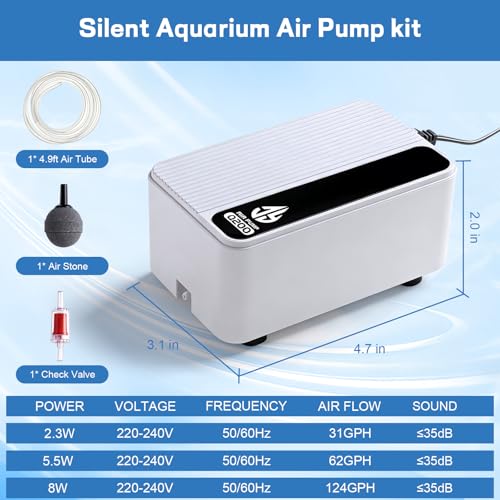 Aquarium Air Pump, Quiet Powerful Fish Tank Air Pump, Adjustable Fish Tank Bubbler with Air Stone, 2.3W/5.5W/8W Bubbler for Aquarium Fish Tank for Small Medium Large Fish Tank Up to 200 Gallon - size: 2.3 W(Tank Up to 80 Gallon Aquariums)