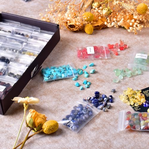 Polished Healing Crystal Chips Stones Set, 36 Different Natural Gemstone Types, 2.5 lbs 0.3" Tumbled Decorative Rocks Collection for Chakra, Meditation, Reiki, Crafts - color: Mixed Crystals - 36 Types, size: 0.3"