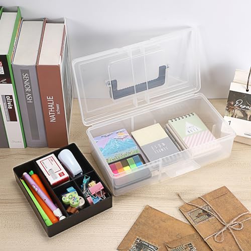 JUXYES Plastic Carry Storage Box with Removable Dividers, Clear Art Craft Supply Storage Bin Sewing Box With Handle Lid, 2 Layers Stationery Storage Case for School/Office Supplies - color: Black