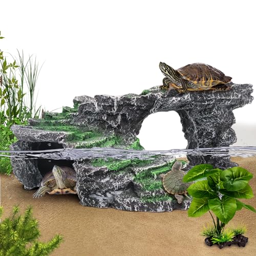 MoonOrange Turtle Basking Platform Kit, Reptile Habitat Hideout, Decorative Resin for Aquarium & Terrarium, Including Artificial Plant and Cleaning Brush. (B-Medium-Black)