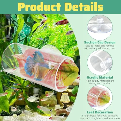 Hamiledyi 2 Pack Betta Tunnel Acrylic Betta Fsih Tube Tunnel with Suction Cups Betta Fish Toys Betta Leaf Pad Transparent Aquarium Decor for Small Fish Shrimp Guppy Resting Hiding (Pink Leaf)