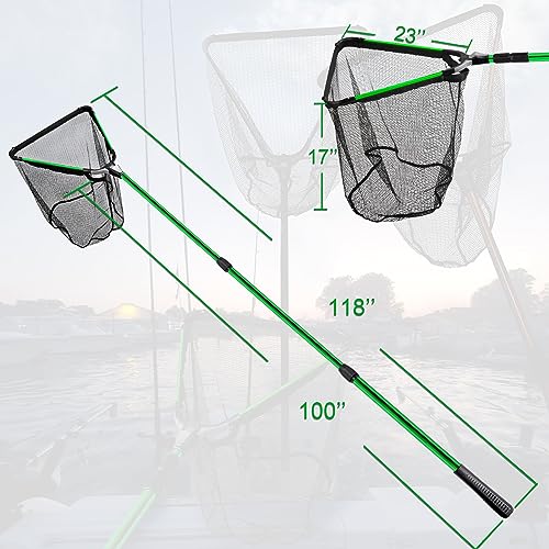 Fiblink Folding Aluminum Fishing Landing Net Fish Net with Extending Telescoping Pole Handle - style: Green:59-118 Inches (Extend Length)