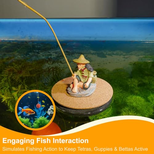 NIIIYTYB Floating Fish Tank Decorations Resin Fisherman Aquarium Decor Island Figurine with Mini Fishing Rod Funny Cool for Betta Bowl Zen Aquariums Small Fish Ornaments Interactive Decor