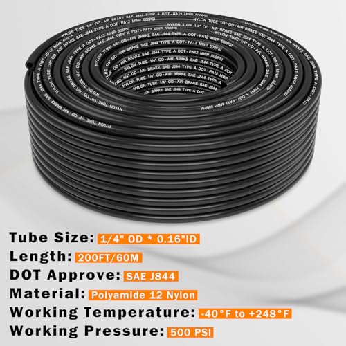 CheeMuii 200 FT 1/4" DOT Air Line 1/4 PA12 Nylon Pneumatic Tubing 61 Meter 1/4 Inch OD Pneumatic Air Tubing Pipe Hose Line for Semi Truck Trailer or Industrial Air System - color: Black, size: 1/4"OD-200FT