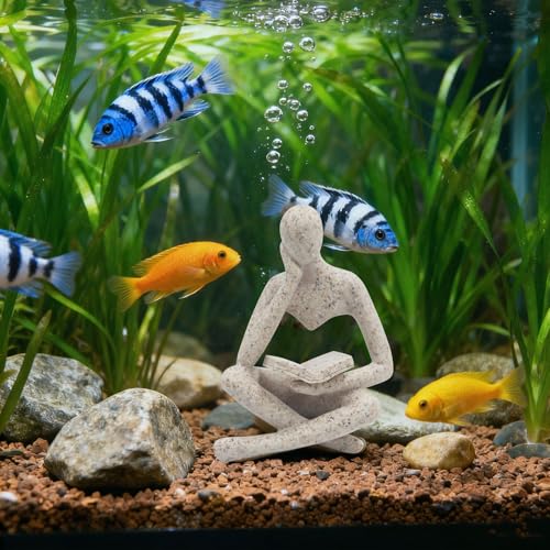 Oooct Sandstone Thinker Statue Aquarium Ornament, Small Fish Tank Decor for Freshwater & Saltwater, Abstract Aesthetic Aquarium Decoration for Tank, Pond & Terrarium - 2.8 x 2.4 x 4.3 Inch - color: Reading Statue a