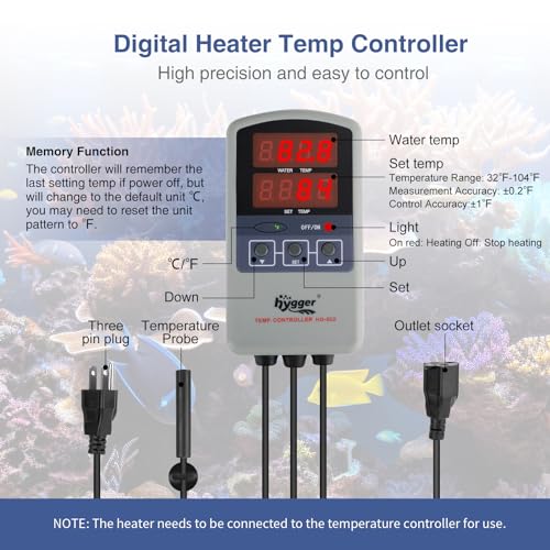 hygger Marine 500W Titanium Aquarium Heater for Salt Water and Fresh Water,Digital Submersible Heater with External IC Thermostat Controller and Thermometer,Fish Tank Heater for Fish Tank 60-120Gallon - size: 500W (60-120 gallon)
