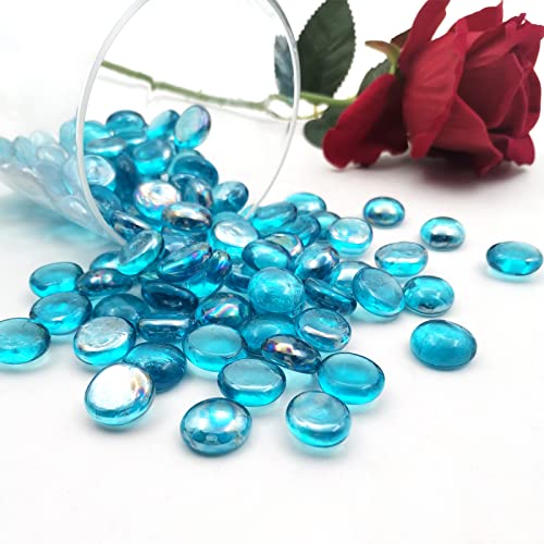 Flat Glass Marbles 1 Pound Vase Filler Fire Pit Glass Pebbles for Indoor Plants, Aquarium Fish Tank Decorations, Home Decor, Fire Pit, Landscaping, Arts Crafts (Ocean Blue)