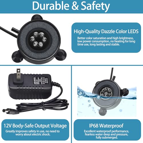 Aquarium LED Air Bubble Stone Disk 2 Inch with 6 Dazzle Color LEDs Fish Tank Oxygen Bubble LED Light Color Auto Changing with 3.5ft Air Tubing