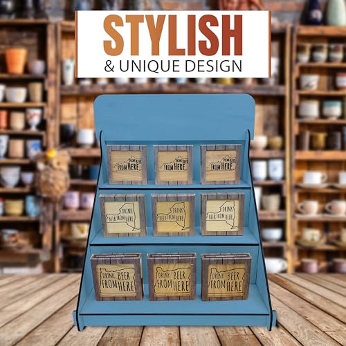 Wooden Portable Retail Table Display Stand Countertop 3 Step Riser Craft Shows, Farmers Markets Tradeshows |No Hardware Assembly Flat Pack Soap Display CBD Jewelry Spices Cups Tumblers Coasters - color: Blue