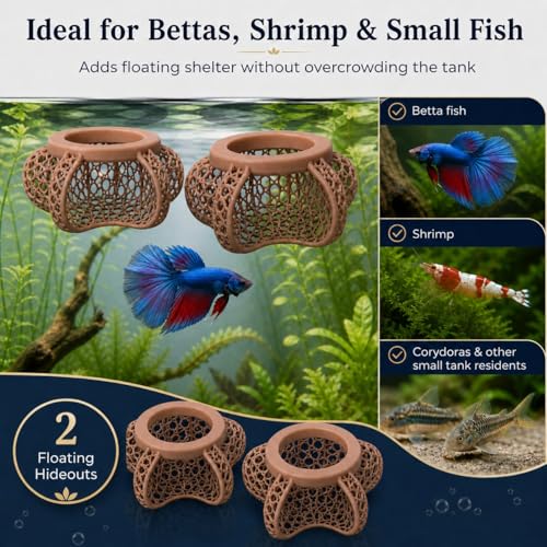 Aquarium Hideout Decor House, Fish Tank Ornament for Small Fish & Shrimp, Floating Cave Decoration for Aquariums(Brown)