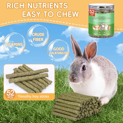 VESPRO 52Pcs Rabbit Chew Sticks, Guinea Pig Toys, Natural Timothy Grass Molar Teeth Stick, Guinea Pig Timothy Hay, Chew Toys for Bunny, Rabbits, Hamsters, Small Animals Treats - size: 1 Count (Pack of 52)