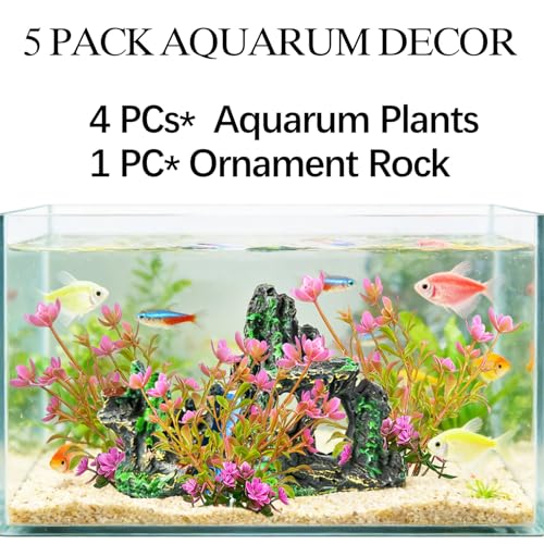 4 PCs Artificial Aquarium Plants with Rock Cave Ornament Set for Betta Fish Tank, Small Aquarium Decor Set, Fish Tank Decorations Accessories for Freshwater Aquarium - size: Small-4Packs