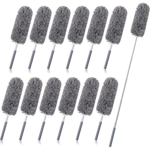 Tanlade 12 Pcs Microfiber Feather Duster for Cleaning 13-31 Inch Extendable Cobweb Dusters Ceiling Fan Duster Washable Bendable Tool for Office Car Window Furniture (Gray) - color: Gray