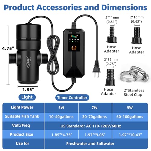 hygger 5W Aquarium U-V Light with Timer, 360° Protective Shield Clean Light for Crystal Clear Green Water, Submersible Fish Tank Cleaner for 10–40 Gallon Freshwater & Saltwater Aquariums - size: 1.85 * 4.75 inches