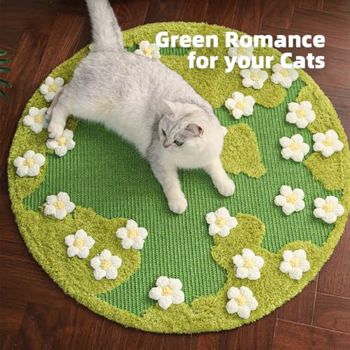 31 x 31 Inch 3D Garden Cat Scratcher Mat, Flower Sisal Cat Scratch Pad, Floor Cat Scratching Pads Rug for Indoor Cats, Protector for Wall&Carpets&Sofas, Green Moss Cat Claw Pad (White Flowers)