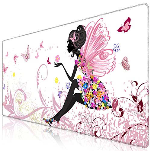 iCasso Extended Gaming Mouse Pad (35.4x15.7 in), Large 3mm Non-Slip Rubber Base Mousepad with Stitched Edges, Waterproof Keyboard Mouse Mat Desk Pad for Work, Game, Office, Home - Butterfly Girl - color: Butterfly Girl