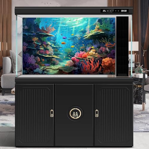 Under The Sea Aquarium Background Tropical Sea Underwater Terrarium Background Oceanarium Colorful Marine Panorama Fish Tank Backdrop Ocean Underwater World with Sunbeams Background Poster 24x12in - color: Blue Red, size: 24(W)x12(H)in