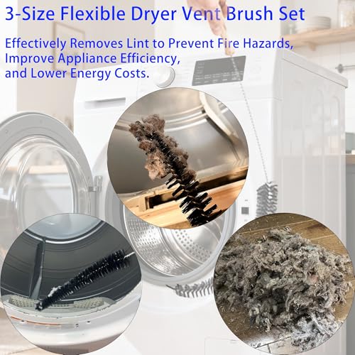 Dryer Vent Cleaner Kit, 3-Size Flexible Dryer Vent Brush Set with 2 Crevice Brushes, 17" 28" 47" Lint Trap Cleaning Tool for Dryer Vents, Refrigerator Coils, Radiator & Home Cleaning Essentials