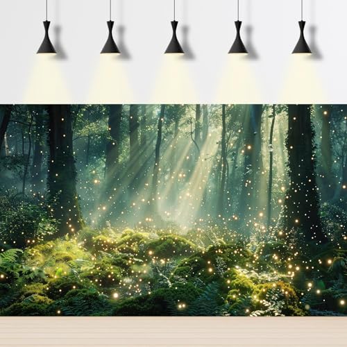 Magical Forest Scene Aquarium Background Glowing Fireflies Sunbeams Enchanted Forest Fish Tank Background Stunning Woodlands Terrarium Backgrounds Magic Rainforest Reptile Tank Backgrounds 48x18in - color: Foggy Green, size: 48(W)x18(H)in