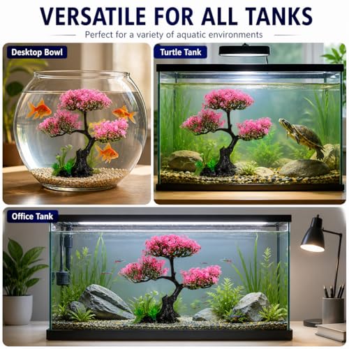 Cabilock Pink Cherry Blossom Aquarium Decor, 12.2 Inch Artificial Sakura Tree Fish Tank Plant with Stable Base, Realistic Plastic Aquarium Ornament for Betta, Goldfish, Turtle Tank Accessories, 4PCS