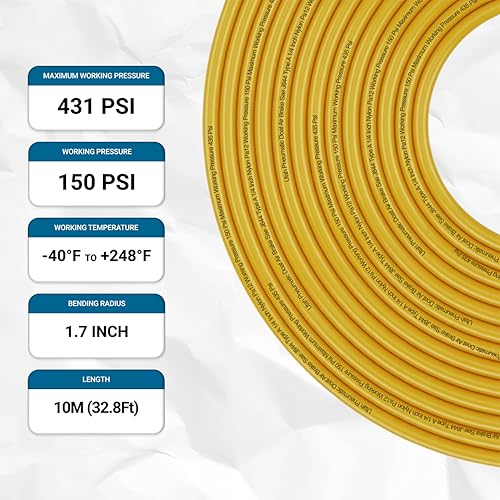 Utah Pneumatic 1/4" DOT Air Line SAE J844 PA12 Nylon Tubing for Air Suspension, Industrial Automation, Workshop Air Systems, Misting & Fluid Transfer, Yellow - 10 Meters (32.8ft) - color: Yellow, size: 1/4" x 32.8 Feet