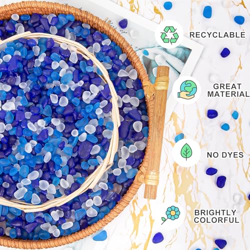 QEQEKAKA Sea Glass Stones for Crafts About 2.75LB (1180g/41.62oz Glass Pebbles Gemstones Bulk for Beaching Wedding DIY Decoration Aquarium Turtle Tank Vase Filler - color: White & Dark/Light Blue, size: 2.75LB (1185g/41.79oz)
