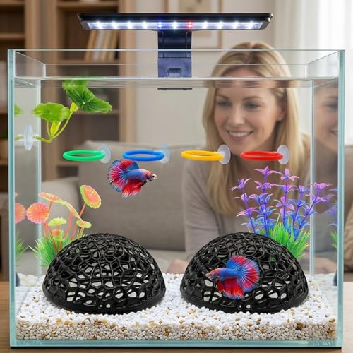 9 Pcs Betta Toys and Betta Enrichment Toys, Aquarium Shrimp Hides and Shrimp Hide Accessories Behavioral Stimulation, Complete Set with Hiding Caves and Training Rings
