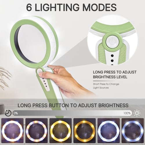 Magnifying Glass with Light, Rechargeable Magnifier for Seniors, Reading | 45X Crystal Clarity • 6 Light Modes • 1200mAh Rechargeable • Large 4.6" Lens • 12 LEDs • Soft Anti-slip Handle • Green - color: Green