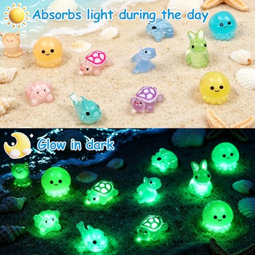 50 PCS Mini Resin Animals Bulk, 8 Style Tiny Resin Animal Figurines Glow in The Dark for Fairy Garden Micro Landscaping Aquarium & DIY Craft Decor, Sea Animal - color: Multi-colored Aquatic Animals