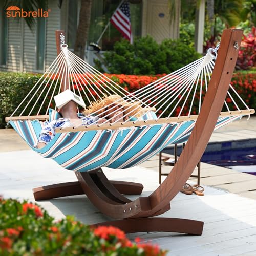 Lazy Daze Hammocks 12 FT Sunbrella Fabric Hammock Non-Fading with Spreader Bars and Free Pillow Fits for 2 Persons, All Weather and Fade Resistant for Patio Yard, 450 lbs Capacity, Token Surfside - color: Token Surfside