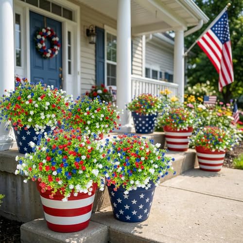 Hananona 12 Pcs Artificial Flowers Outdoor, Faux Artificial Plants UV Resistant Plastic Patriotic Flower Bulk for 4th of July Hanging Planter Porch Window Home Summer Decor 12, Red, White, Blue - color: Red, White, Blue