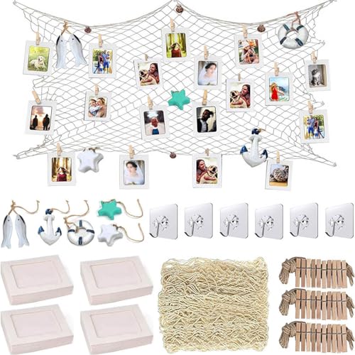 White Fishing Net with White 40 Paper Photos Frames Wall Decorations Fits 6x4 inch, for School Home Party Display Memories, Hanging on walls Collage Ornaments Pictures Display with Clips Set