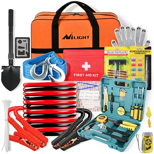 Nilight Car Emergency Kit with Jumper Cable, First Aid Kit Safety Assistance Tools for Travel Camping Outdoor Cars Truck SUV RV, Roadside Essentials with Flash Light - color: Essential Kit+ Tool Set+Tire Repair Fuse kit