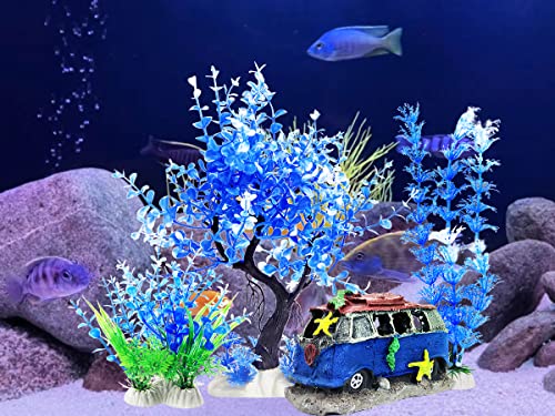 4PCS Fish Tank Aquarium Decorations Plastic Plants with Resin Cave Rock for Fish Hideout (Blue Set) - color: Blue & Green