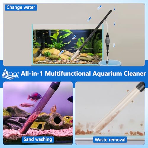 AQQA Gravel Vacuum for Aquarium Siphon - Adjustable Flow Fish Tank Cleaner with Handle, Manual Siphon Pump Water Changer Sand Rock Suction Cleaner, Upgraded Hard Hose with Threaded Connection (L) - size: L for tanks under 34" deep