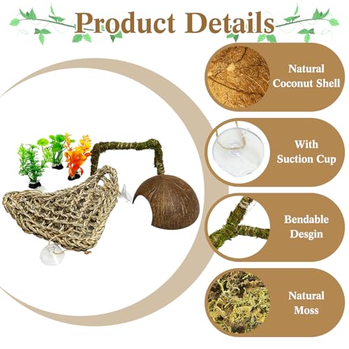 6 PCS Hermit Crab Accessories Small Bendable Moss Hermit Crab Climbing Toys Coconut Shell Hut Climbing Hammock with Suction Cup Plastic Plants for Reptile Amphibian - size: 4.72in